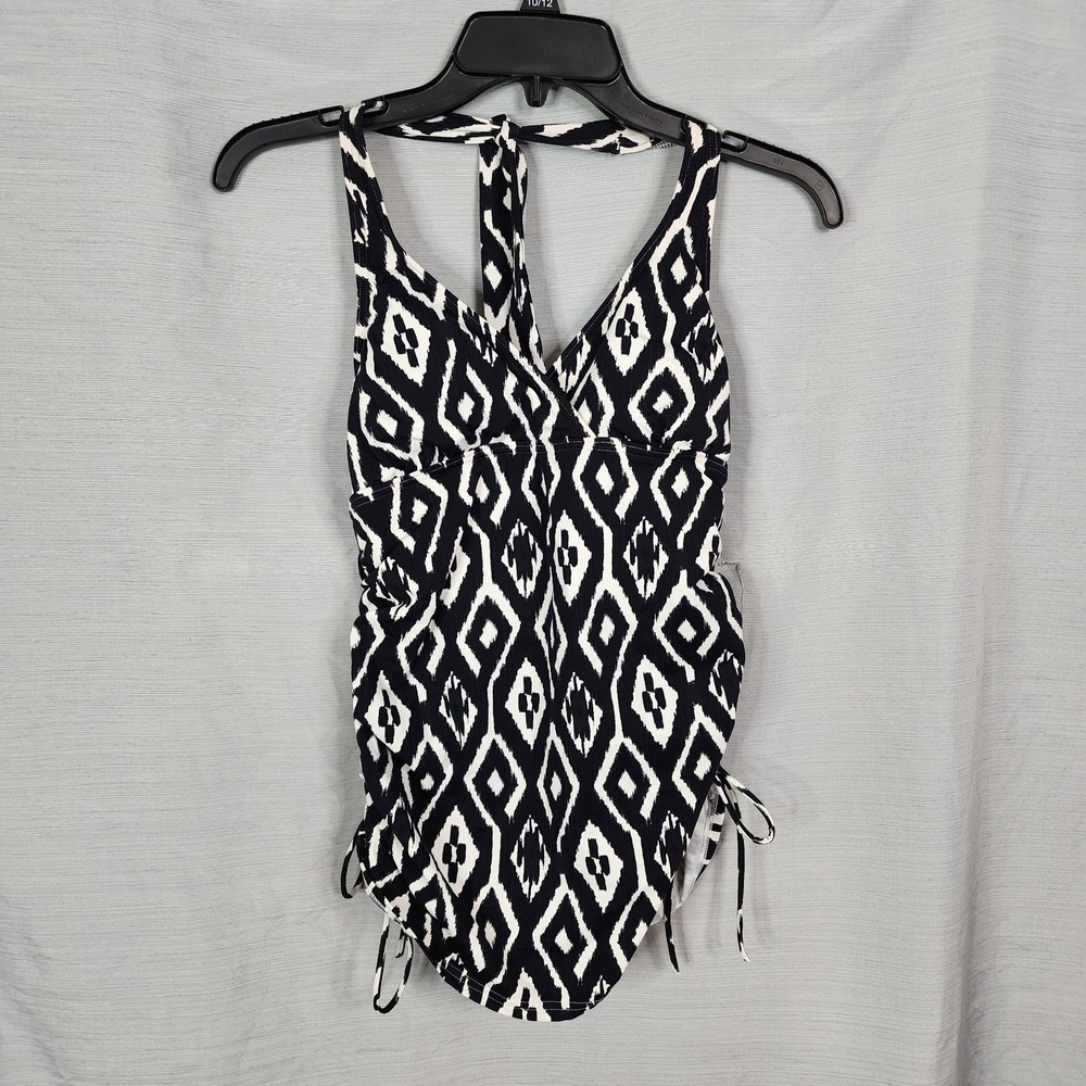 LANDS END Size 4 Black iKat Print Drawstring Halter Tankini Swim Top Beach Sand